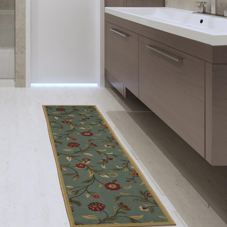Seafoam Green Floral Non-Slip Runner Rug with Rubber Backing