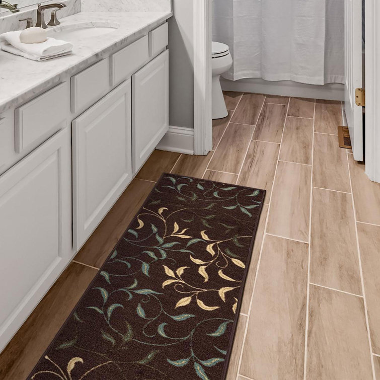 Dark Brown Runner Rug with Beige and Green Leaves Design