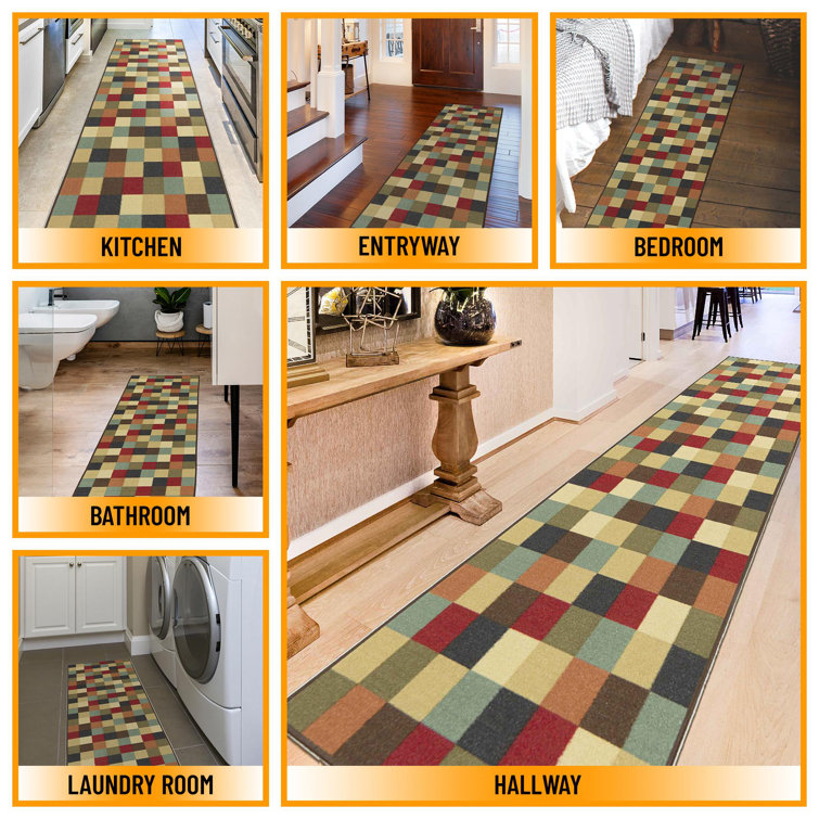 Contemporary Checkered Multicolor Low Pile Runner Rug, 84"L x 22"W