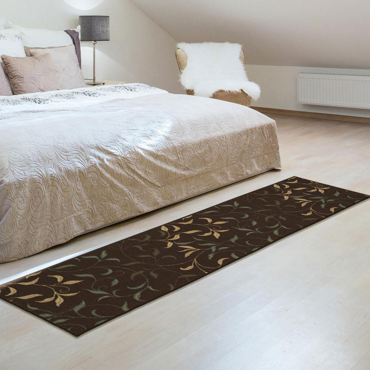 Dark Brown Runner Rug with Beige and Green Leaves Design