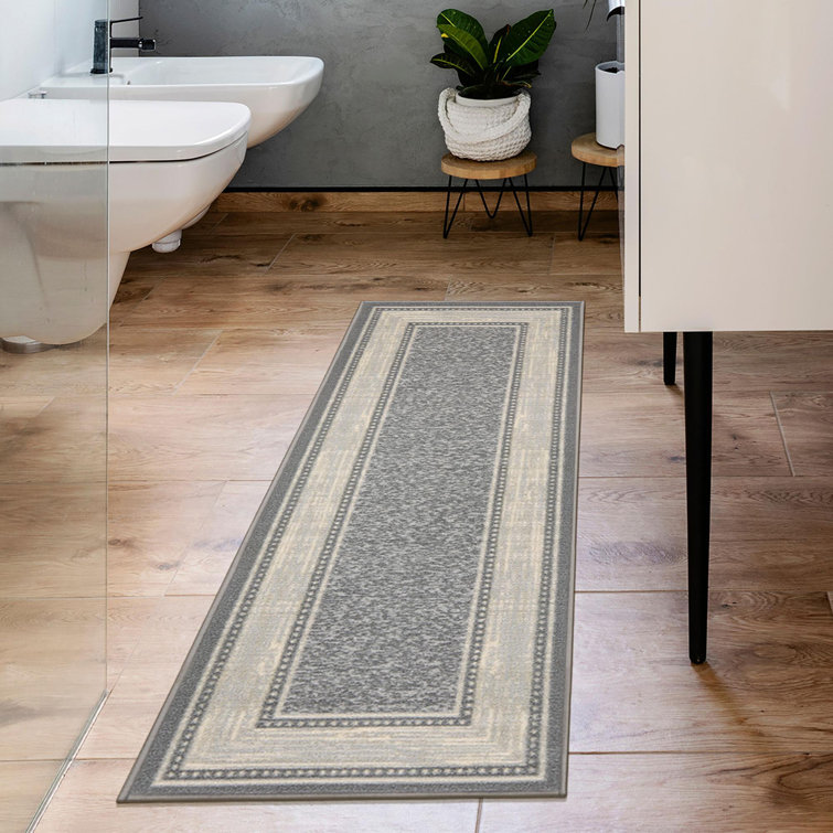 Gray Washable Non-Slip Synthetic Runner Rug with Bordered Design