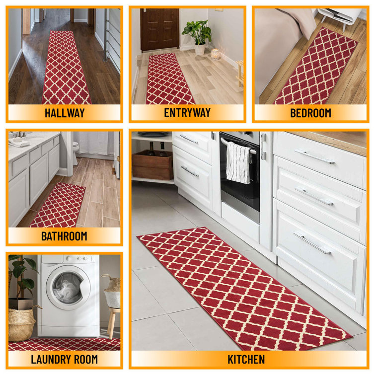 Red Trellis Design Washable Non-Slip Runner Rug
