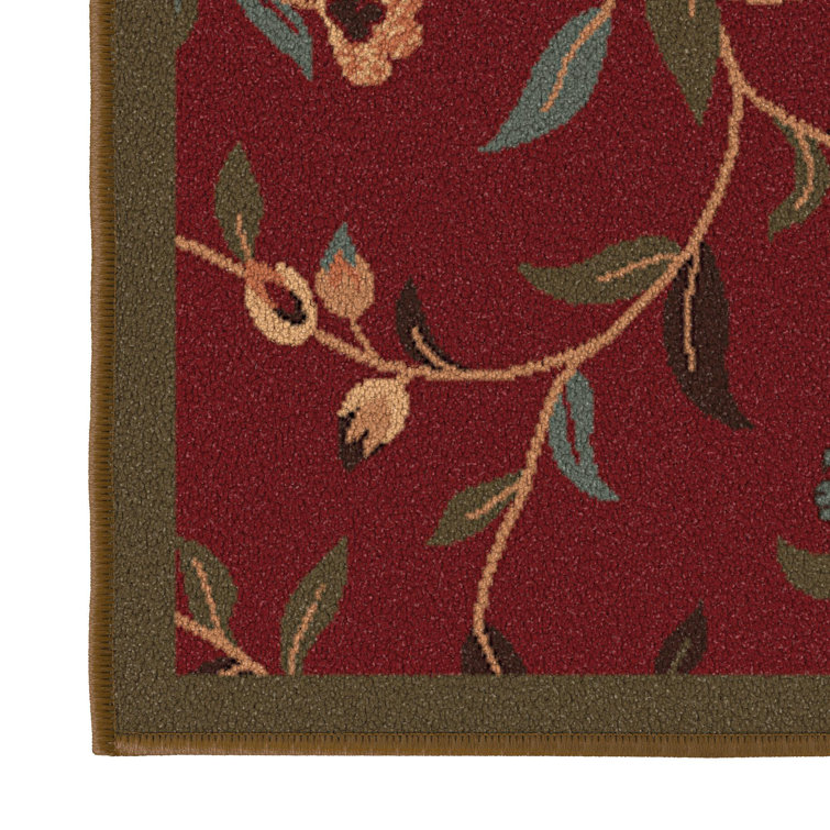 Red Floral Leaves Non-Slip Rubberback 3x5 Area Rug