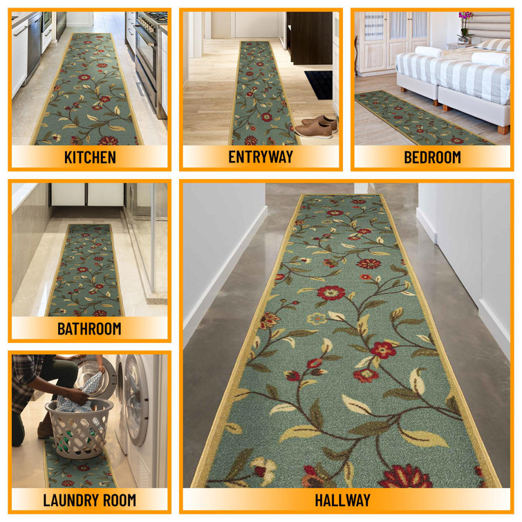 Seafoam Green Floral Non-Slip Hallway Runner Rug