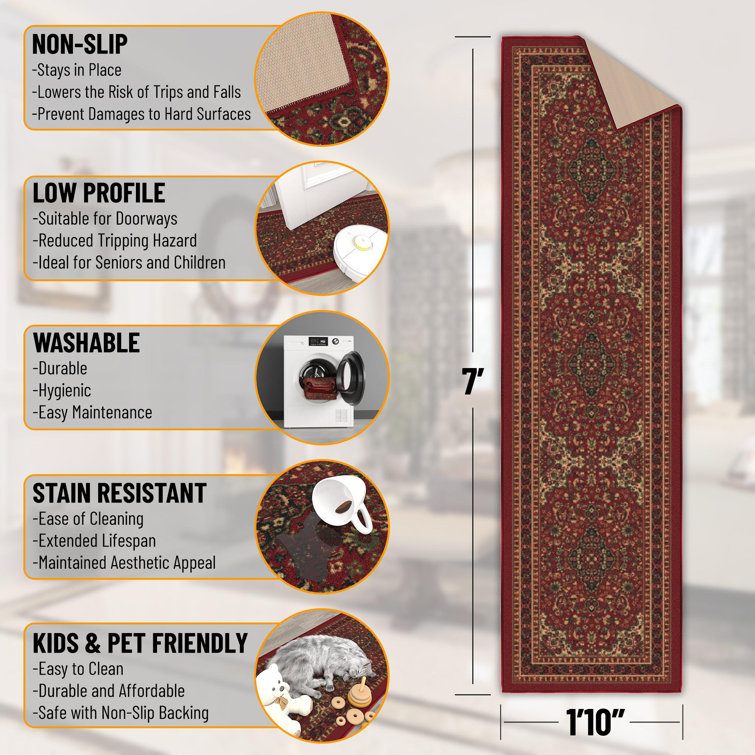 Red Oriental Design Washable Non-Slip Runner Rug