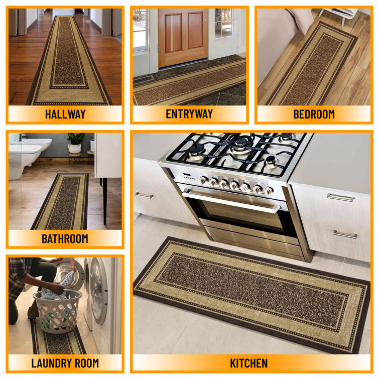 Brown and Beige Synthetic Non-Slip Hallway Runner Rug