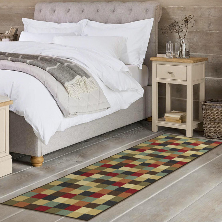 Contemporary Checkered Multicolor Low Pile Runner Rug, 84"L x 22"W