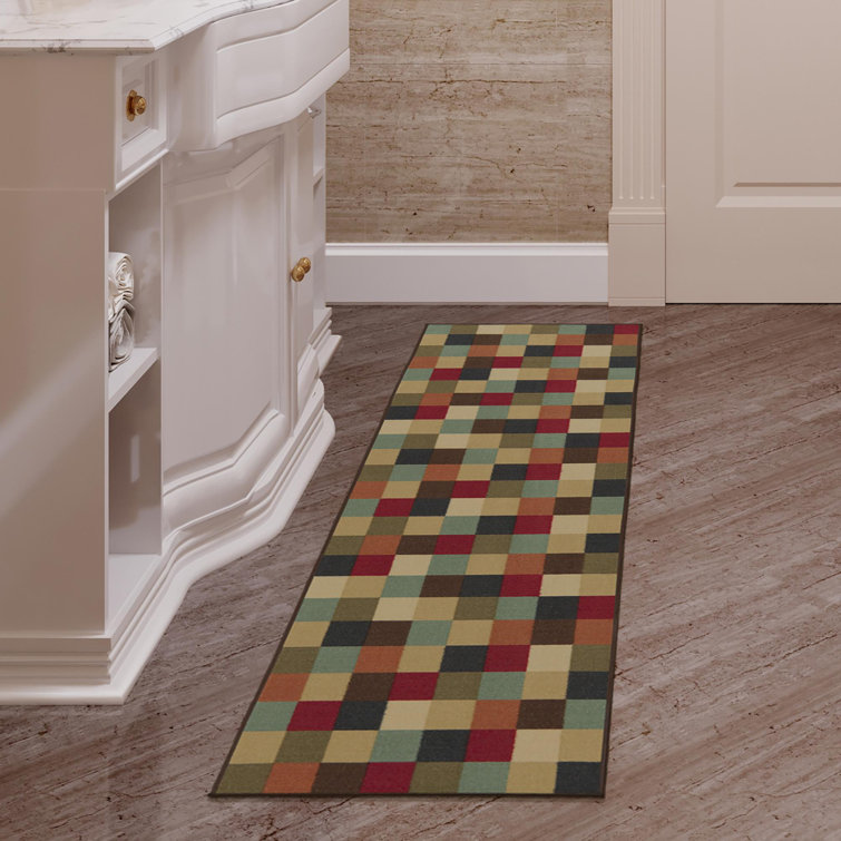 Contemporary Checkered Multicolor Low Pile Runner Rug, 84"L x 22"W