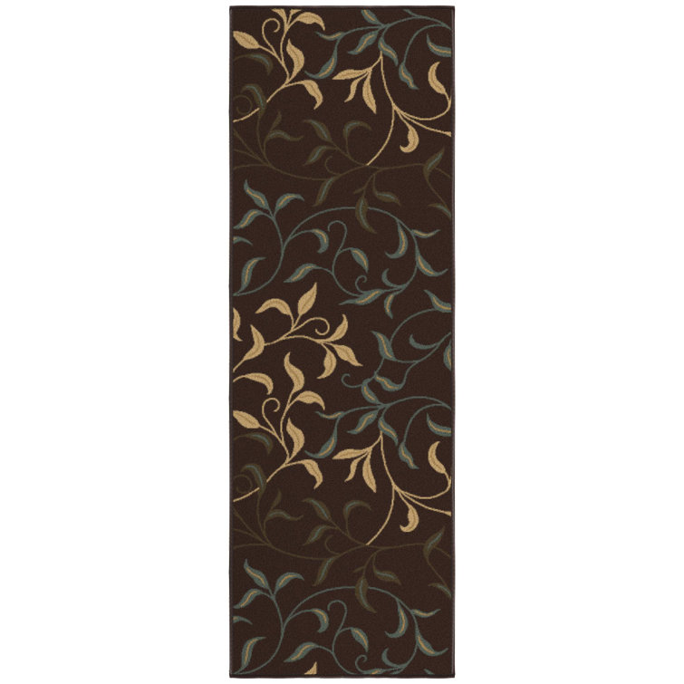 Chocolate Brown and Beige Nylon Runner Rug with Leaf Design