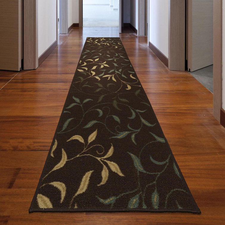 Chocolate Brown and Beige Nylon Runner Rug with Leaf Design