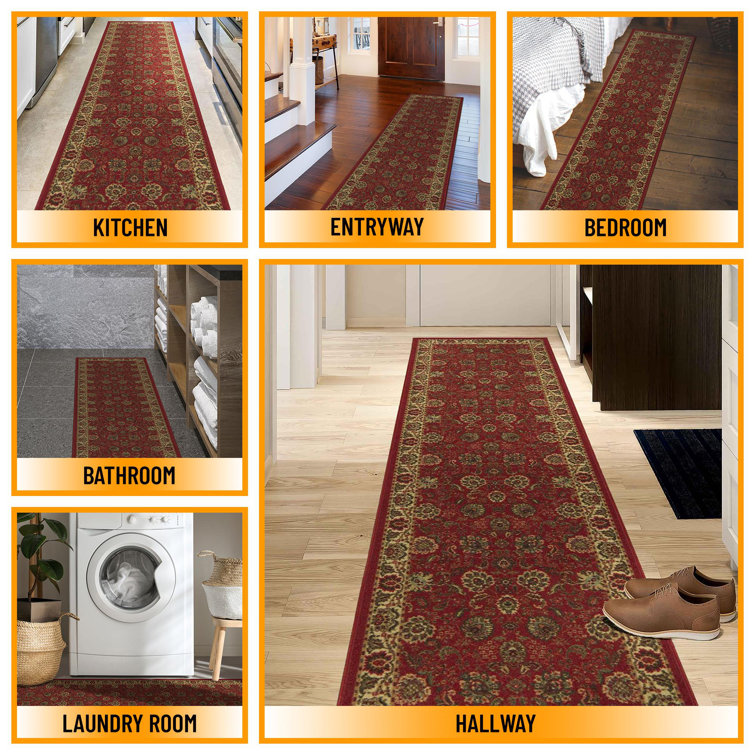 Dark Red Floral Non-Slip Synthetic Runner Rug