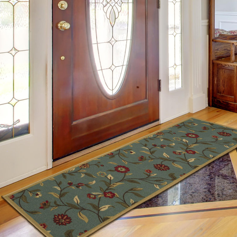 Seafoam Green Floral Non-Slip Runner Rug with Rubber Backing