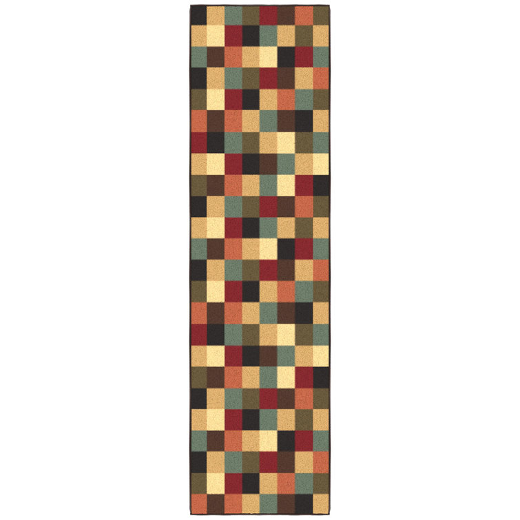 Contemporary Checkered Multicolor Low Pile Runner Rug, 84"L x 22"W