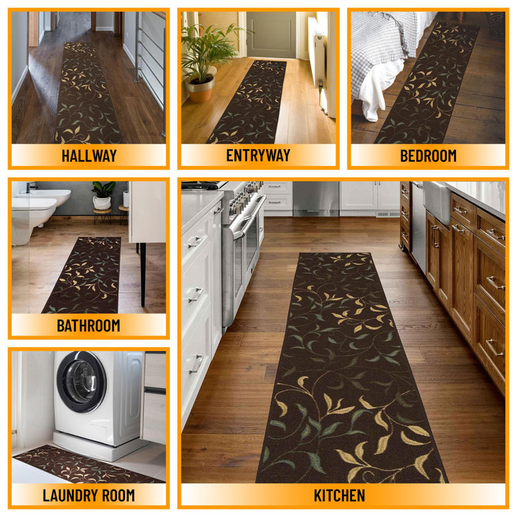 Chocolate Brown and Beige Nylon Runner Rug with Leaf Design