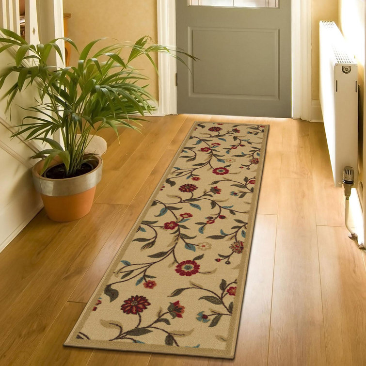 Beige Floral Non-Slip Synthetic Runner Rug 1'10" x 7'