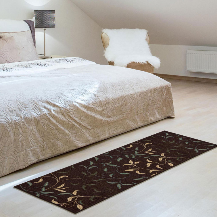 Chocolate Brown and Beige Nylon Runner Rug with Leaf Design