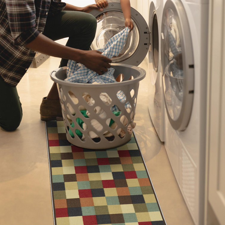 Contemporary Checkered Multicolor Low Pile Runner Rug, 84"L x 22"W