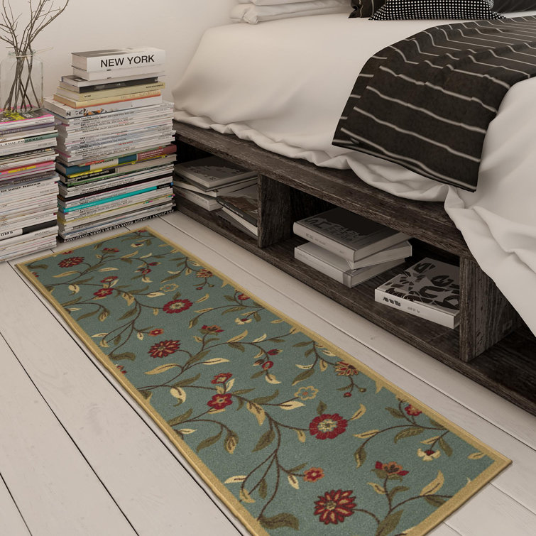 Seafoam Green Floral Non-Slip Runner Rug with Rubber Backing