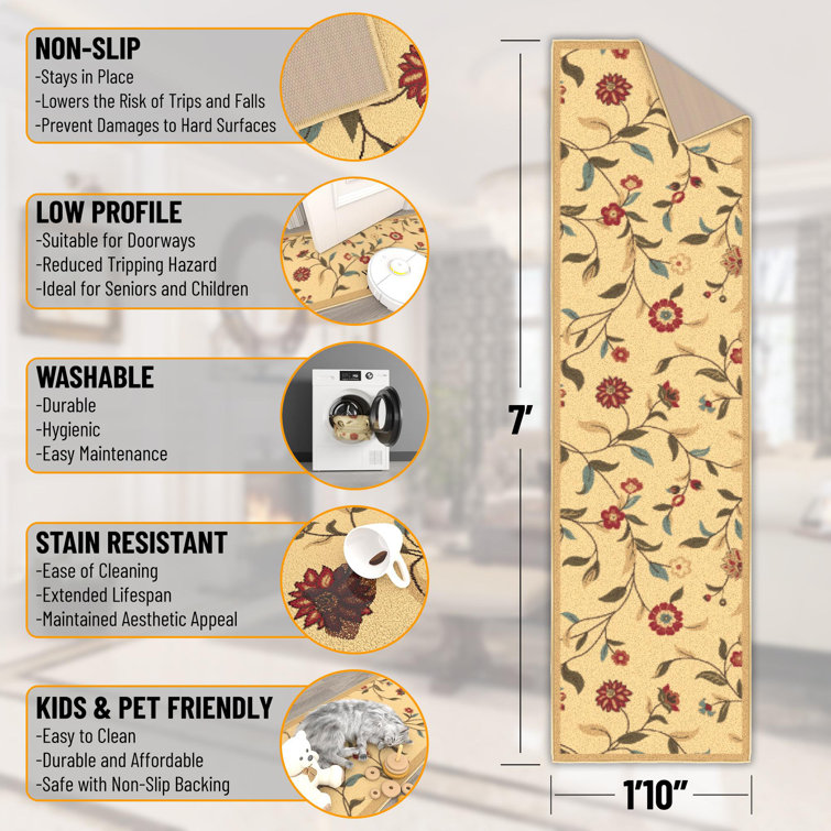 Beige Floral Non-Slip Synthetic Runner Rug 1'10" x 7'
