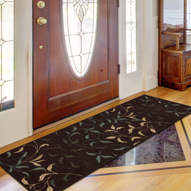 Chocolate Brown and Beige Nylon Runner Rug with Leaf Design