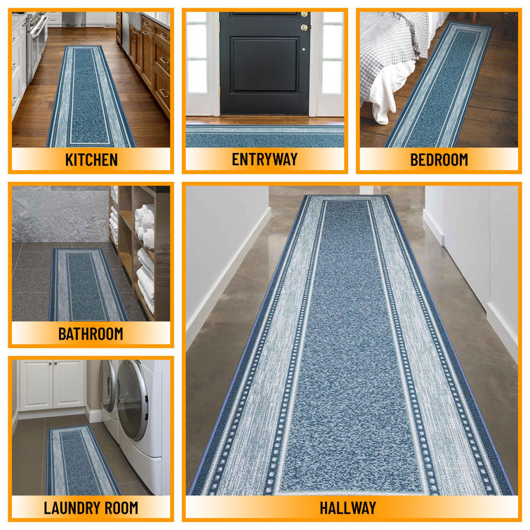 Blue Synthetic Non-Slip Washable Hallway Runner Rug