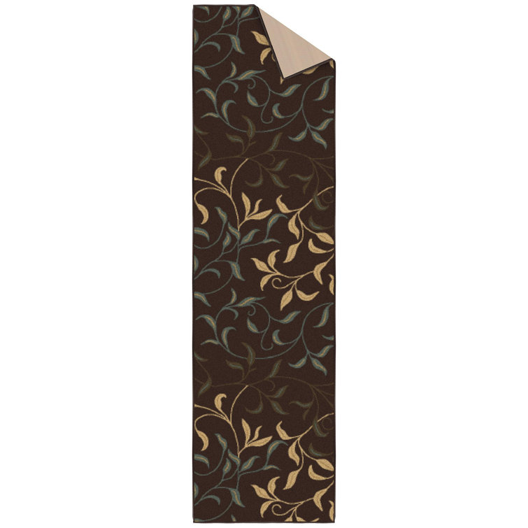 Dark Brown Runner Rug with Beige and Green Leaves Design