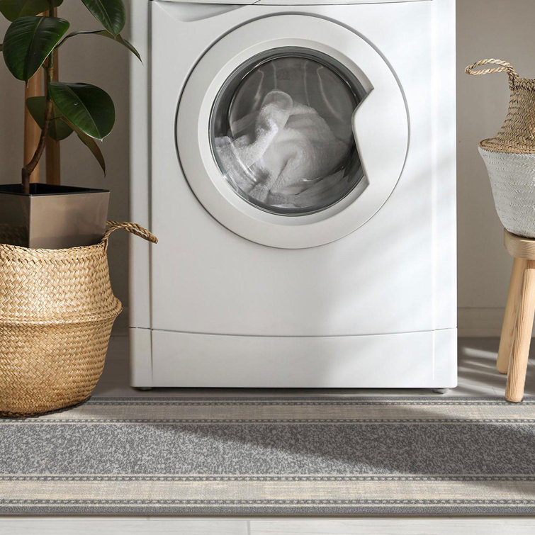 Gray Washable Non-Slip Synthetic Runner Rug with Bordered Design