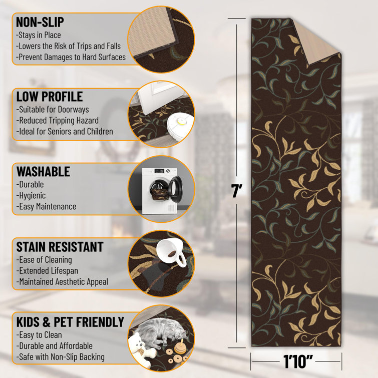 Dark Brown Runner Rug with Beige and Green Leaves Design