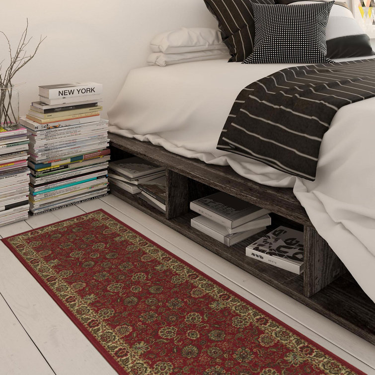 Dark Red Floral Non-Slip Synthetic Runner Rug