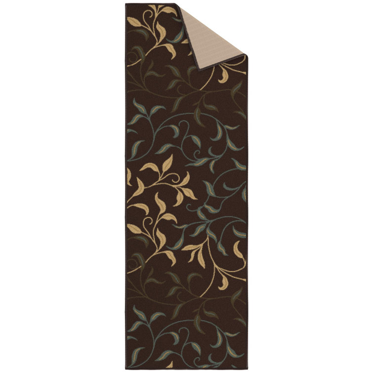 Chocolate Brown and Beige Nylon Runner Rug with Leaf Design