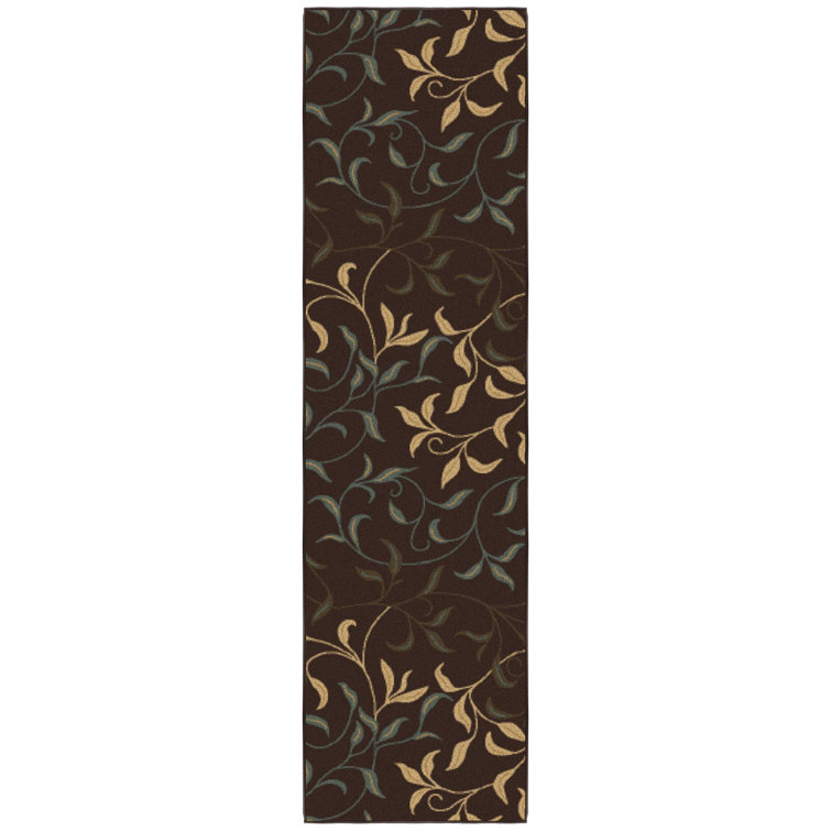 Dark Brown Runner Rug with Beige and Green Leaves Design