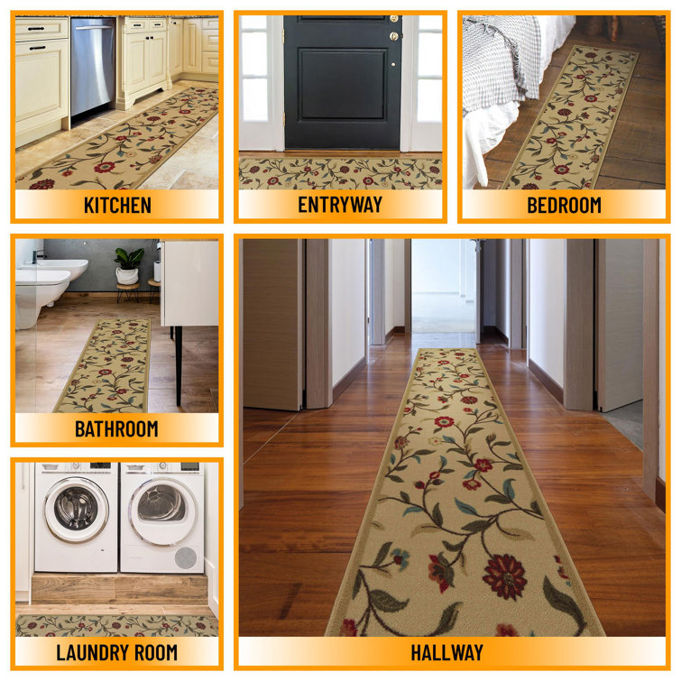 Beige Floral Non-Slip Synthetic Runner Rug 1'10" x 7'