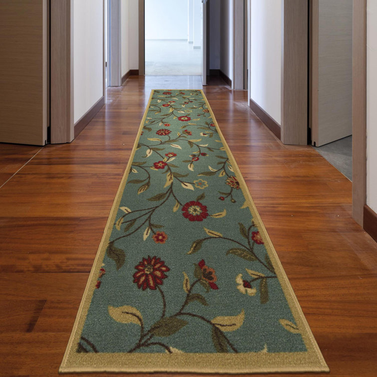 Seafoam Green Floral Non-Slip Runner Rug with Rubber Backing