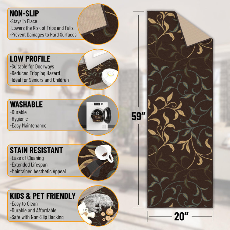 Chocolate Brown and Beige Nylon Runner Rug with Leaf Design