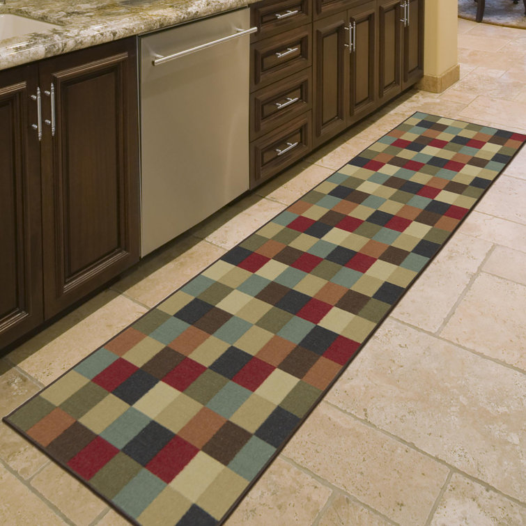 Contemporary Checkered Multicolor Low Pile Runner Rug, 84"L x 22"W