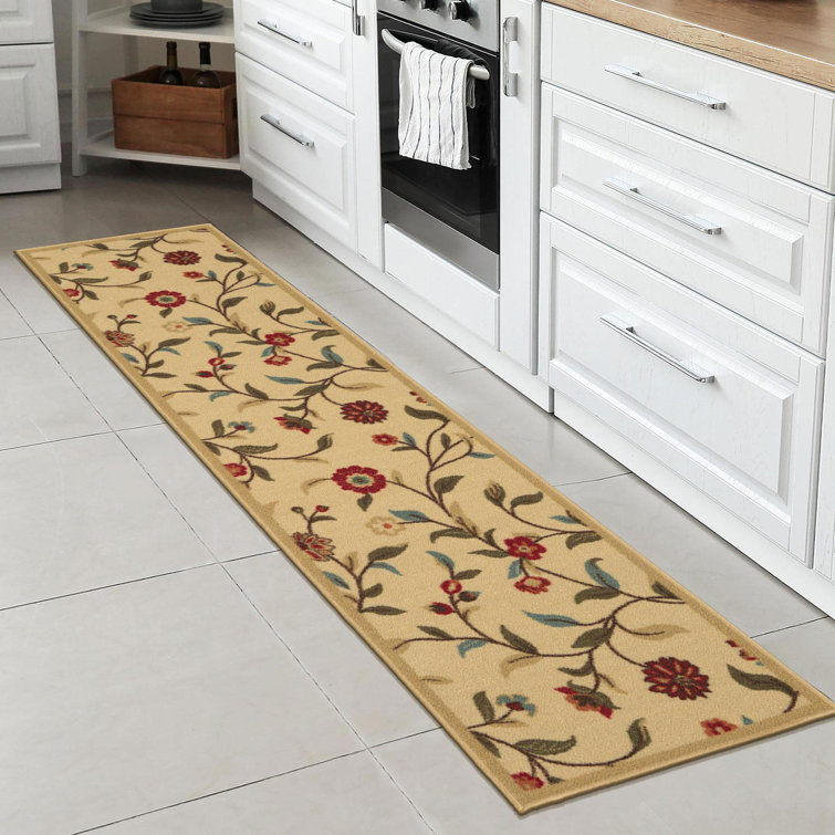 Beige Floral Non-Slip Synthetic Runner Rug 1'10" x 7'