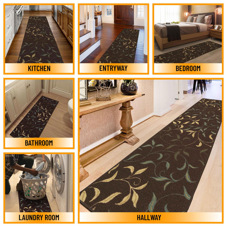Brown Leaves Design Non-Slip Runner Rug, 2'7" x 9'10"