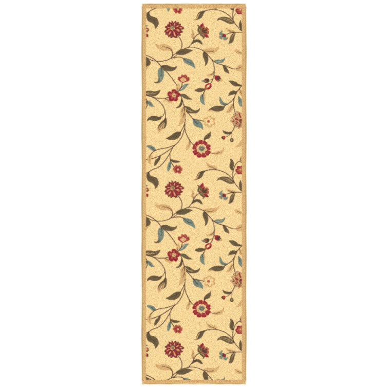 Beige Floral Non-Slip Synthetic Runner Rug 1'10" x 7'