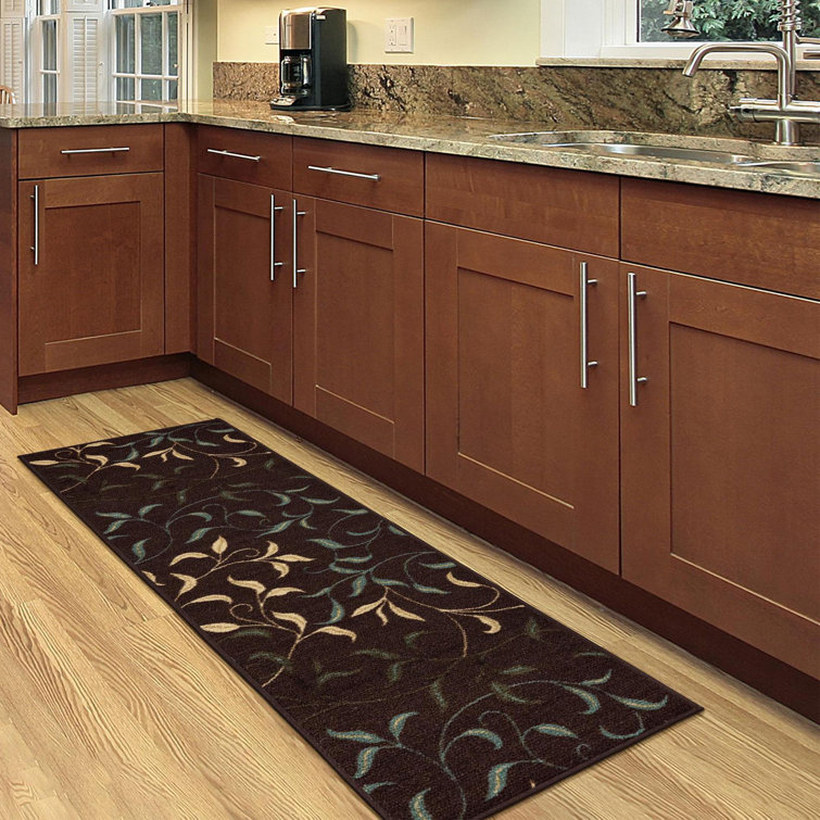 Chocolate Brown and Beige Nylon Runner Rug with Leaf Design