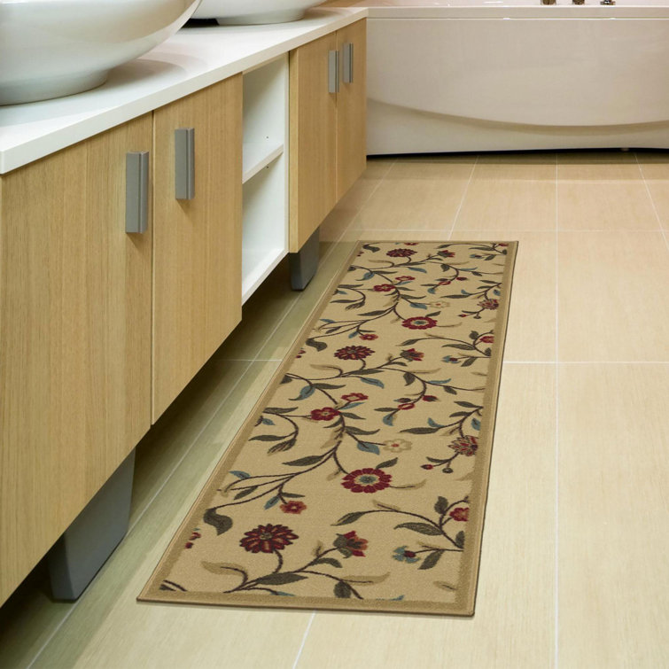 Beige Floral Non-Slip Synthetic Runner Rug 1'10" x 7'
