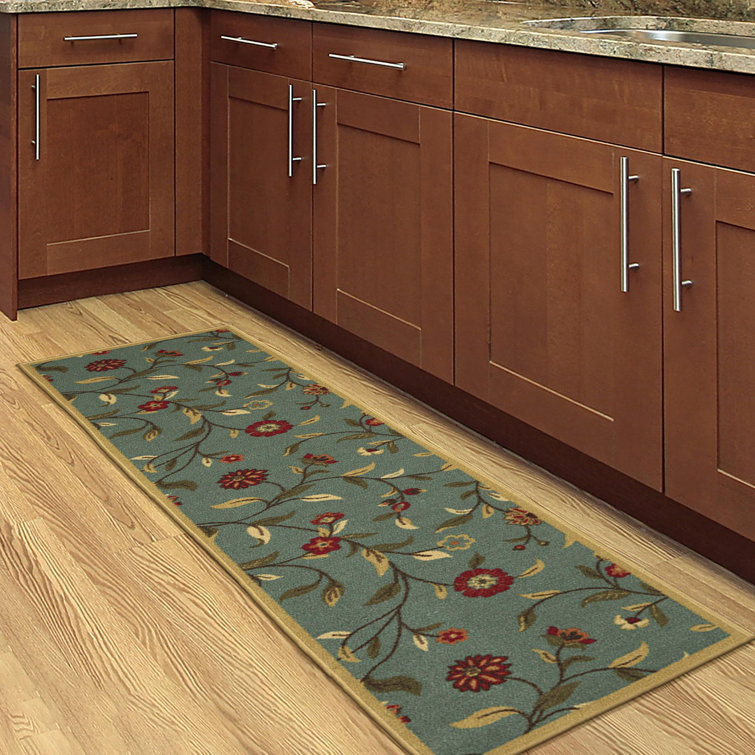 Seafoam Green Floral Non-Slip Runner Rug with Rubber Backing