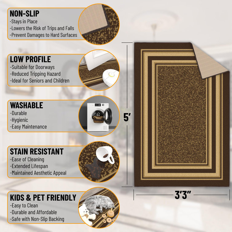 Brown and Beige Bordered Non-Slip Synthetic Area Rug