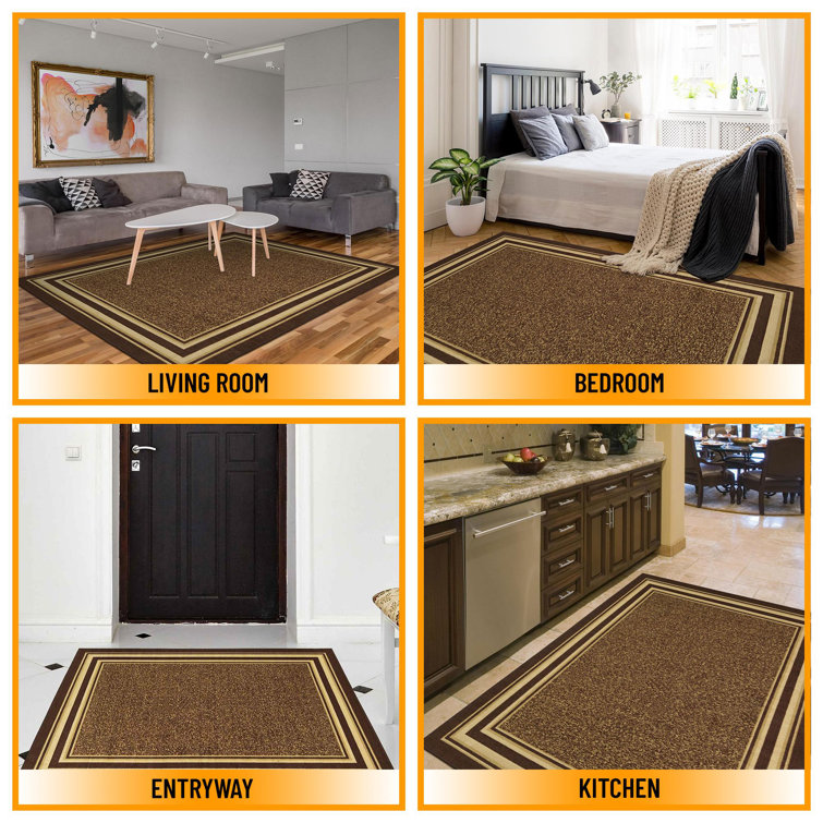Brown and Beige Bordered Non-Slip Synthetic Area Rug