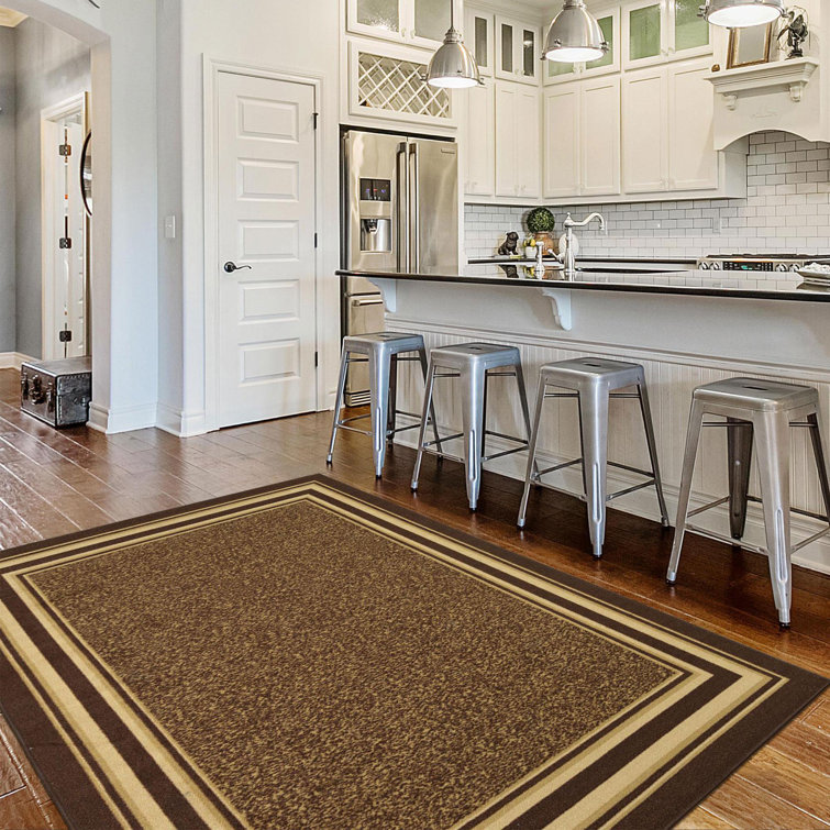 Brown Bordered Machine Washable Area Rug with Non-Slip Backing