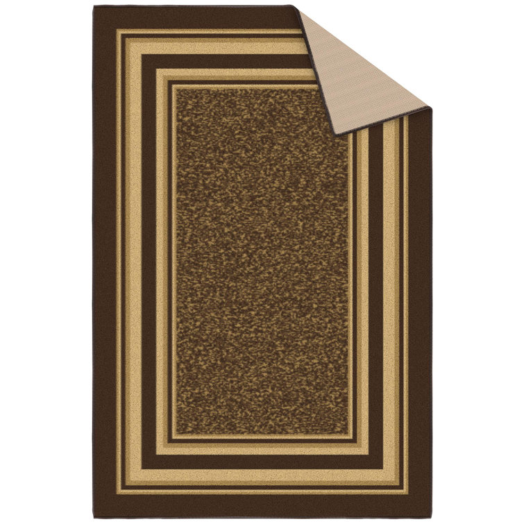 Brown and Beige Bordered Non-Slip Synthetic Area Rug