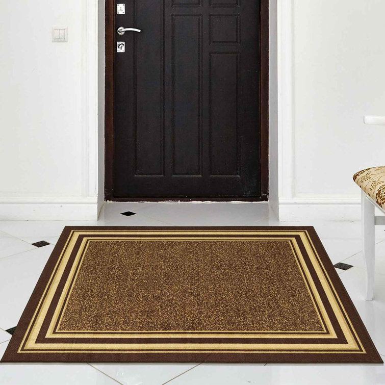 Brown and Beige Bordered Non-Slip Synthetic Area Rug
