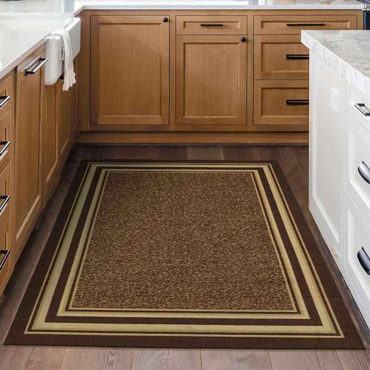 Brown and Beige Bordered Non-Slip Synthetic Area Rug