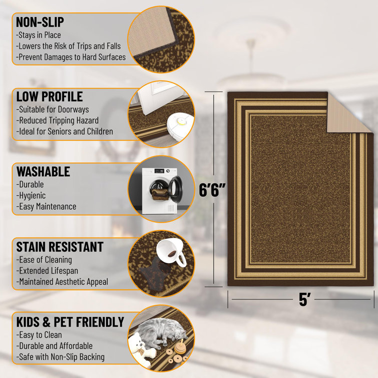 Brown Bordered Machine Washable Area Rug with Non-Slip Backing