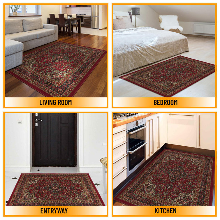 Red Oriental Design Low Pile Non-Slip Area Rug