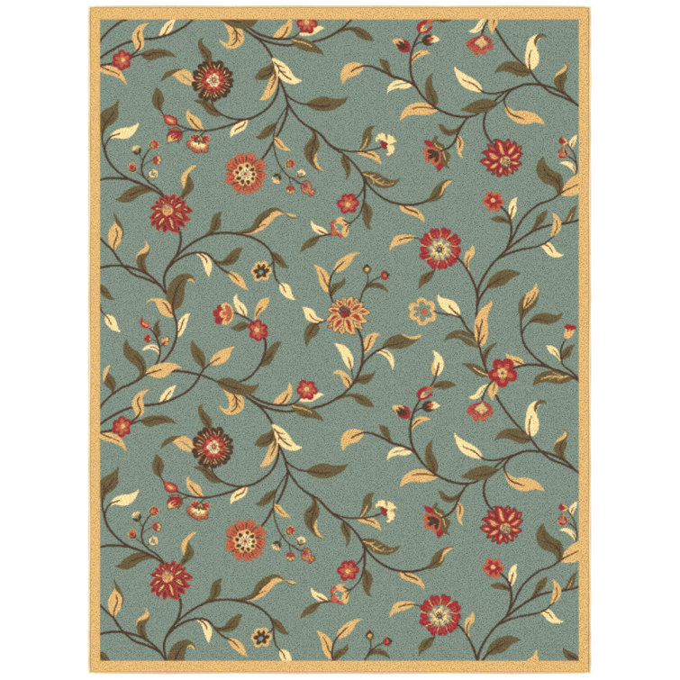 Seafoam Green Floral Design Washable Non-Slip Area Rug